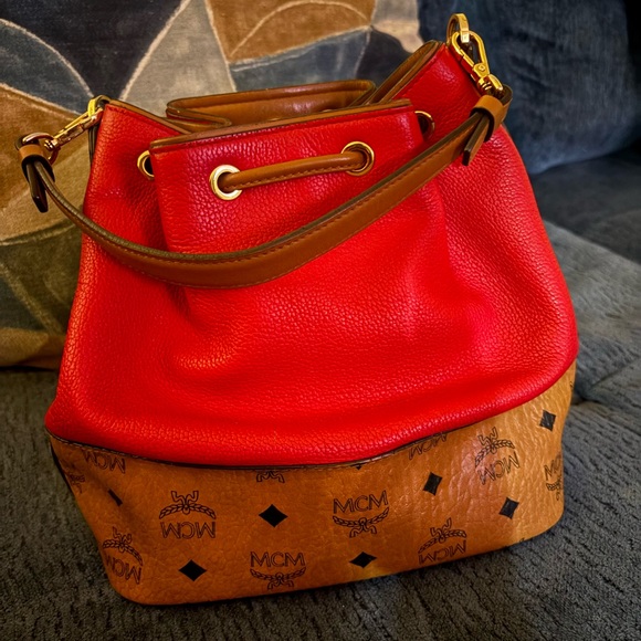 MCM Red and Brown Leather Drawstring Backpack main image 4